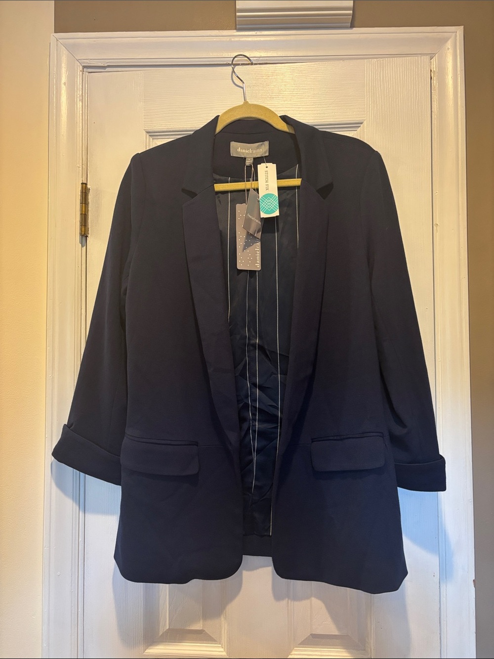 NWT Daniel Rainn Indigo Navy Pinstripe Lining Open-Front Blazer Size Medium